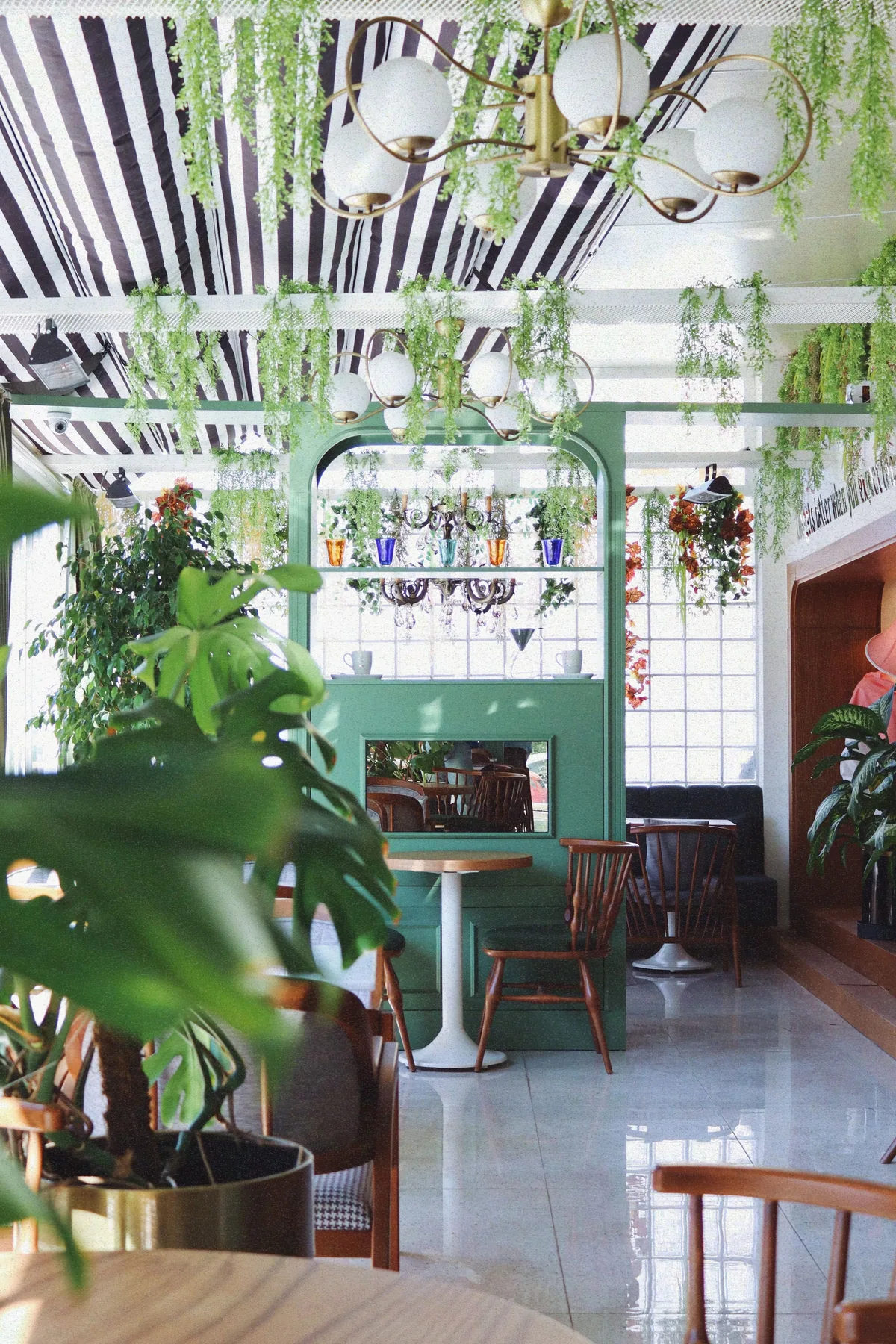 Lush, plant-filled cafe interior